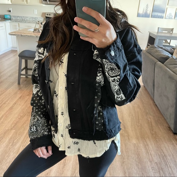 West Side Black Bandana Distressed Denim Jacket - Picture 11 of 14